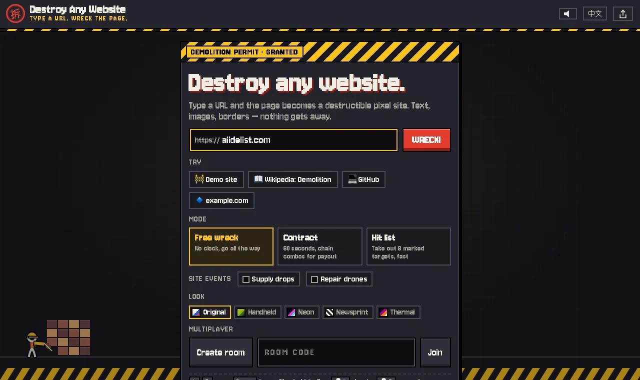 The Destroy Any Website title card with aiidelist.com typed into the address field