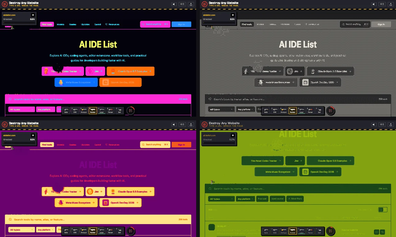 The same aiidelist.com page in four world skins: neon, newsprint, thermal and handheld green