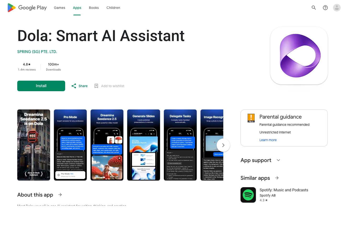 Google Play page for Dola showing SPRING SG as developer, a 4.8 rating, about 1.4 million reviews, 100 million plus downloads, and Seedance 2.5 product images