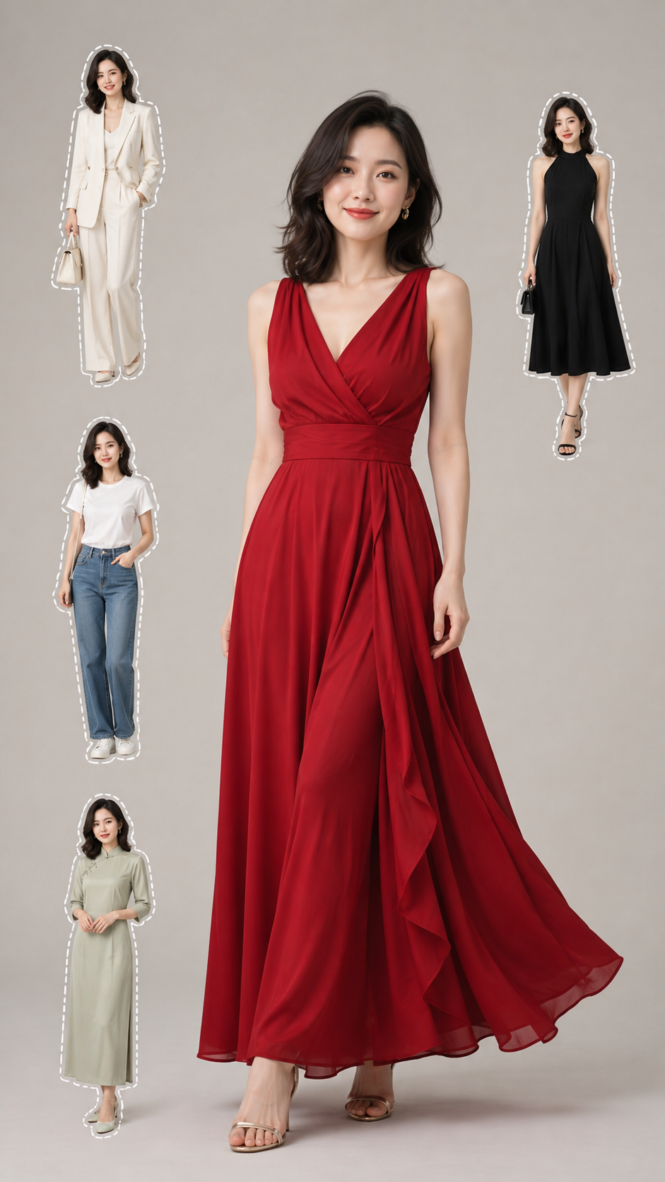 A collage of the same original adult woman in five outfits: a red dress in the center, surrounded by a white suit, black dress, denim casual look, and pale-green modern Chinese dress