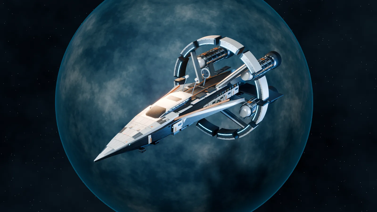 A white tapered spacecraft with a segmented ring and supporting struts against a blue planet