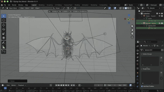 Blender viewport from the bat demonstration, showing the attempted creature model