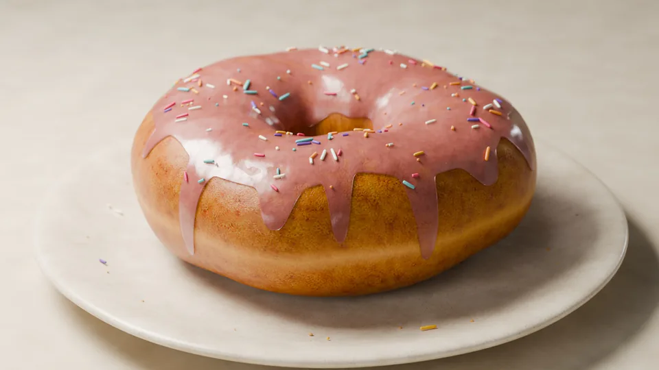 Pink-frosted donut with colorful sprinkles on a ceramic plate in a Blender render