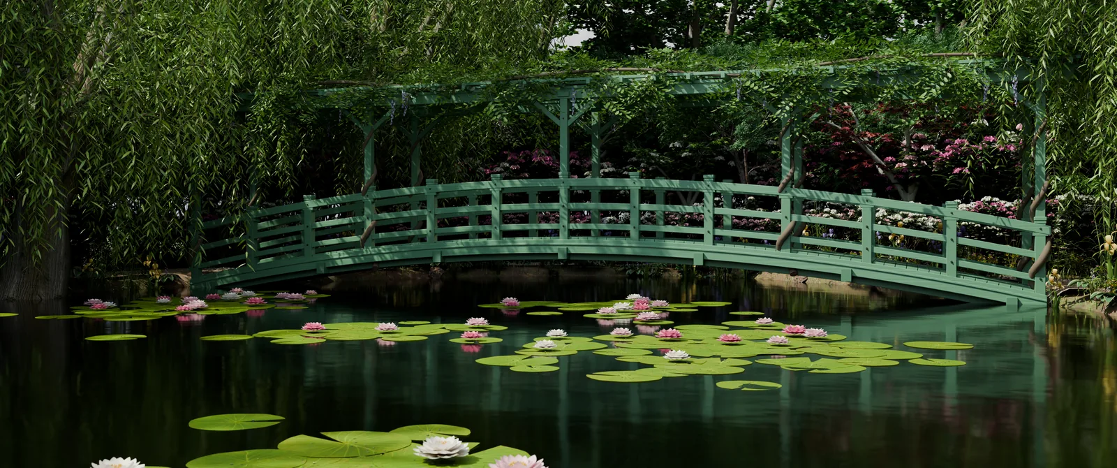 Green Japanese bridge above a reflective lily pond, with flowers and dense willow foliage