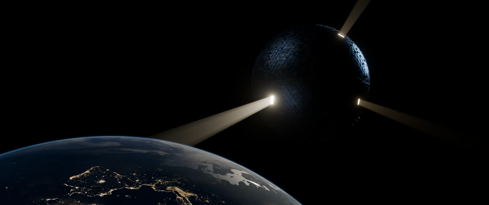 A nearly closed spherical collector emitting three shafts of light above Earth's illuminated horizon