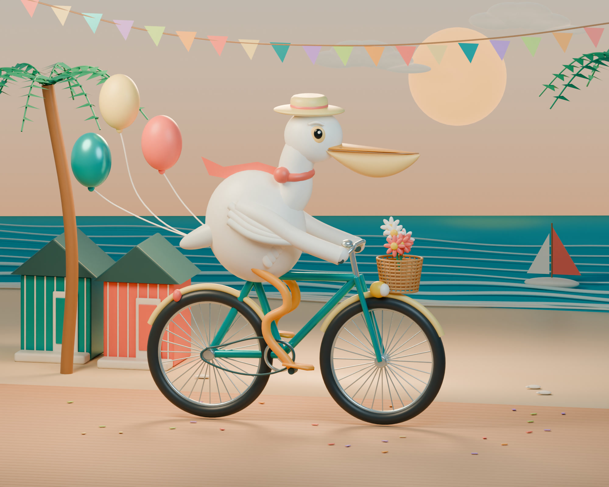 A white pelican riding a turquoise bicycle through a pastel seaside scene with balloons and bunting