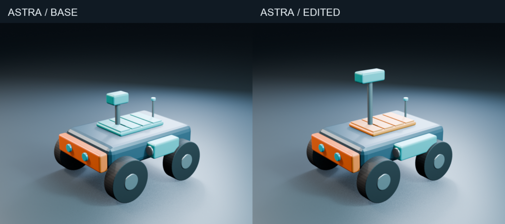 Two Fieldnote R1 rover renders: the teal-roof base scene and the orange-roof revision with a taller mast