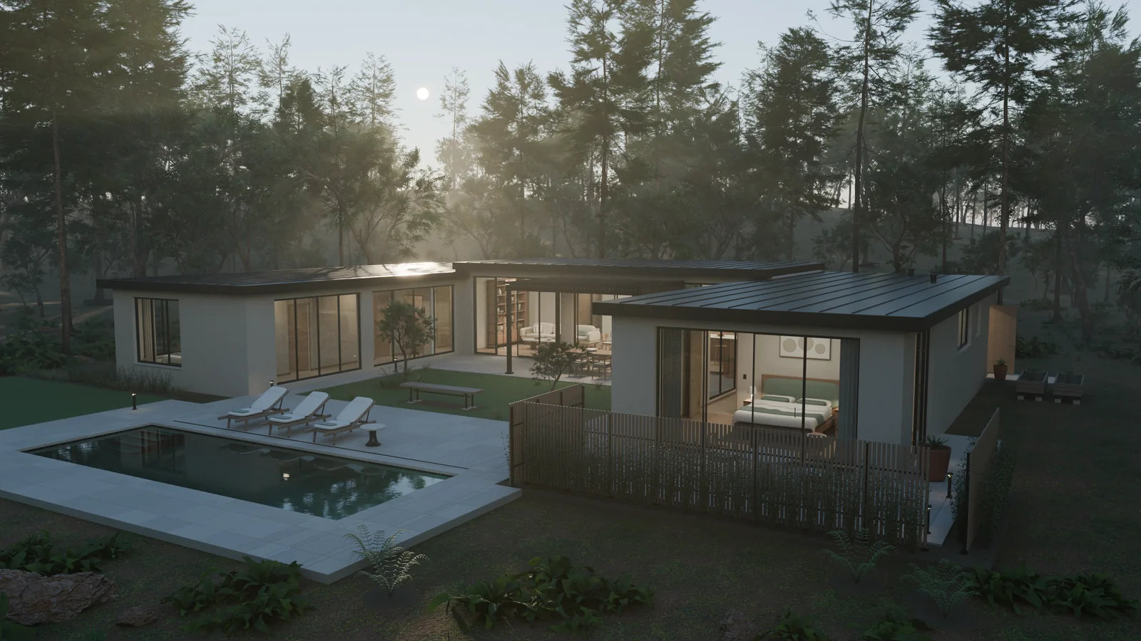 Rendered U-shaped Solace house with furnished rooms, a courtyard, and a pool surrounded by woodland
