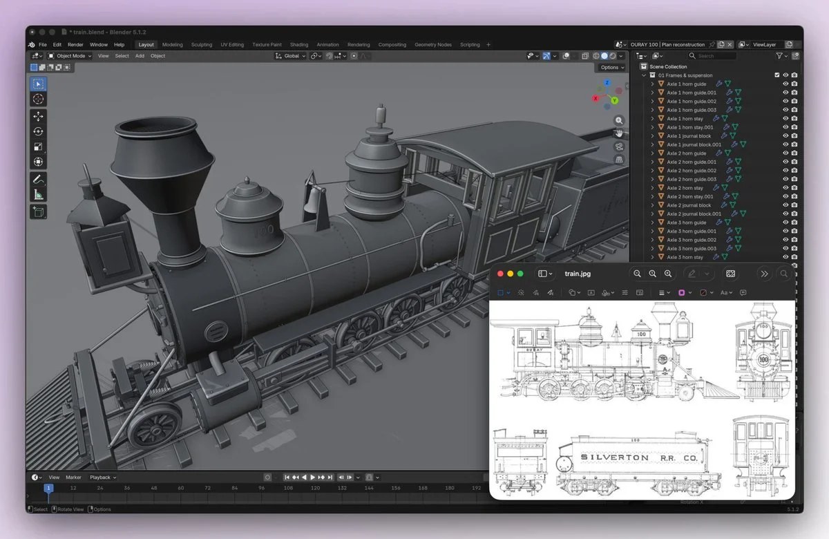 Steam locomotive assembly shown in Blender in Tom Krcha's demonstration